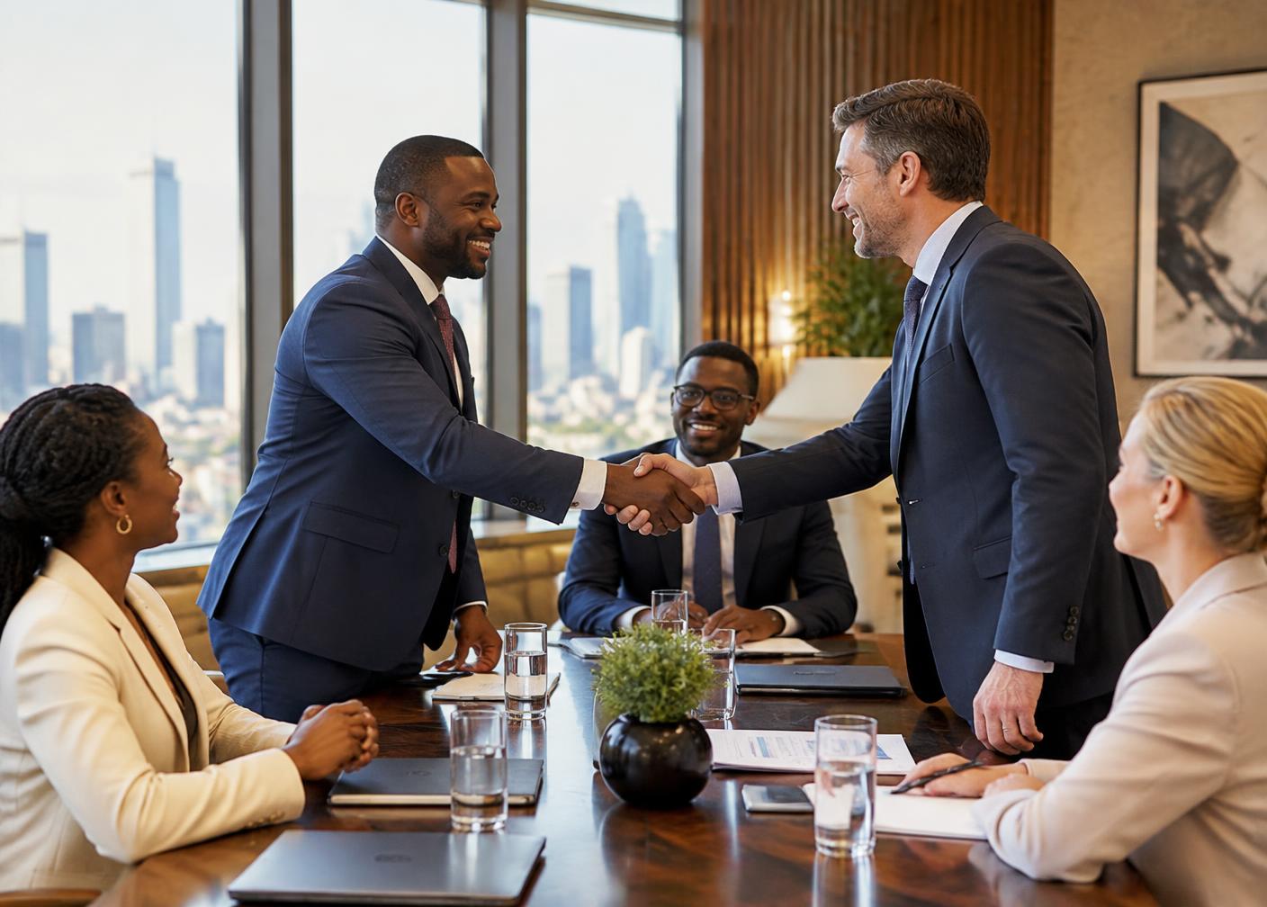 Business partners shaking hands in a meeting